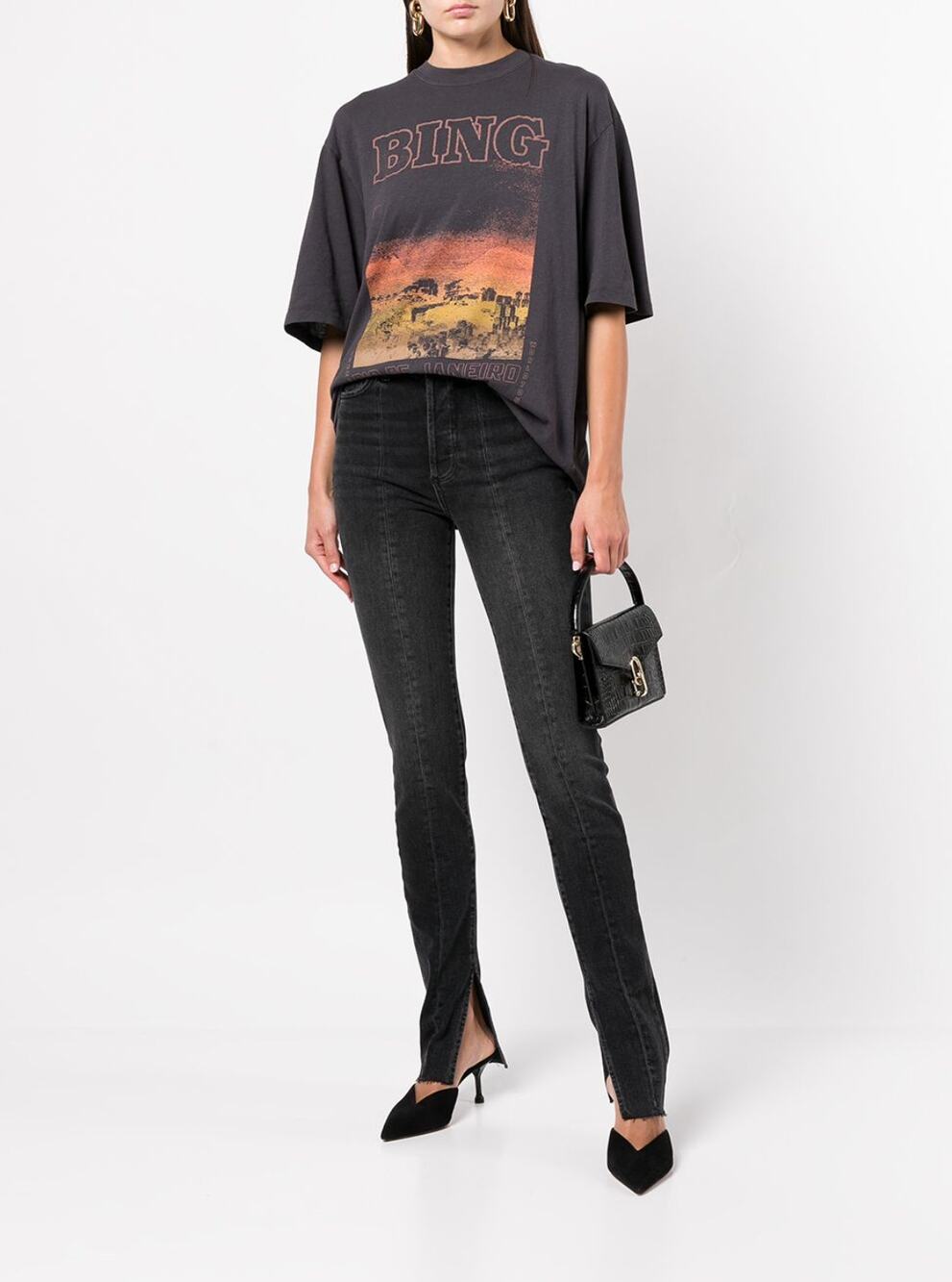 Anine Bing Heath Black Pleated Skinny Tall Slit Jeans Size 24
